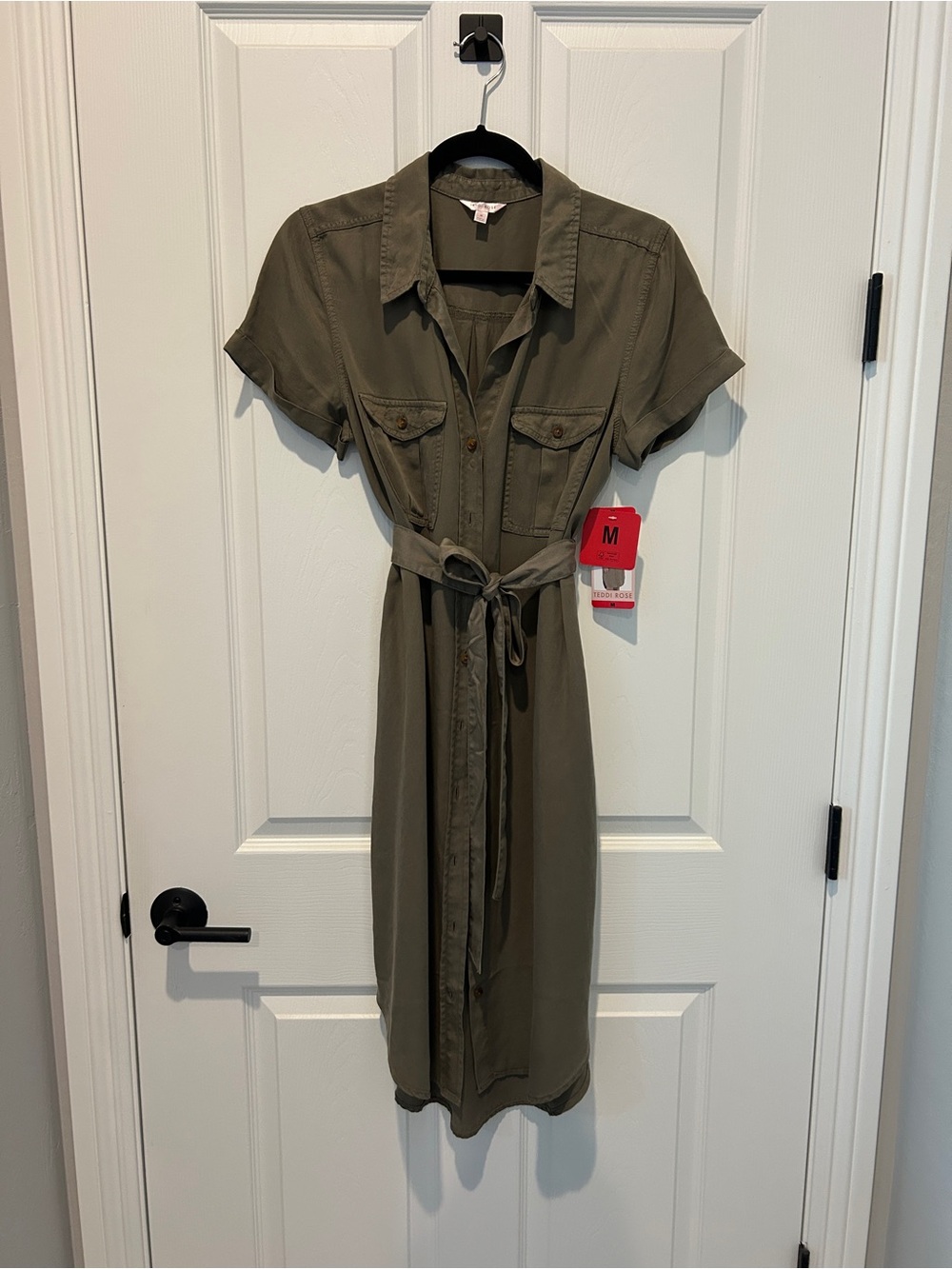 Tie-Waist Olive Midi Shirt Dress